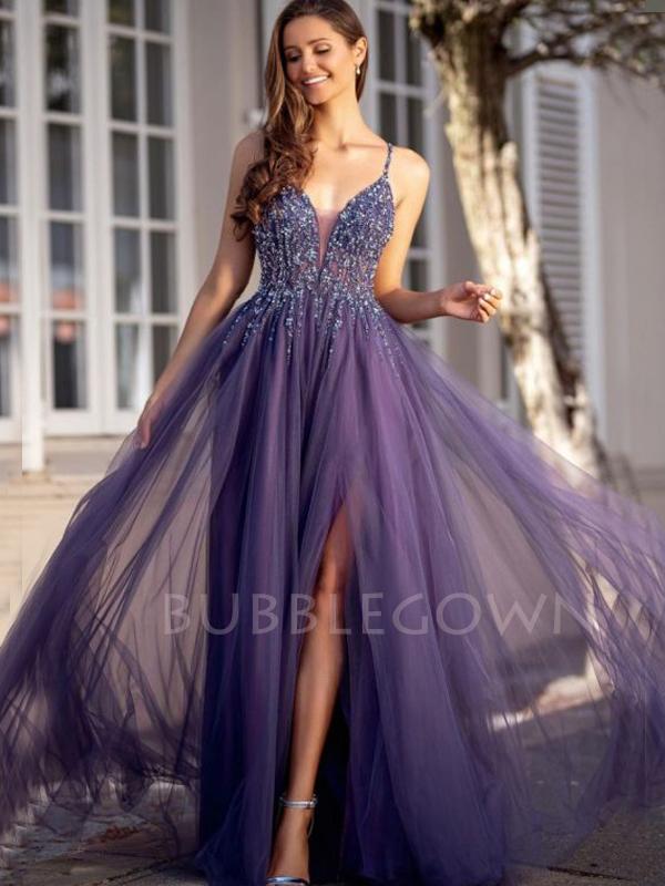 dark purple tulle prom dress A-Line V-Neck Burgundy Tulle Beaded Prom Dress with Ruffles PG881 US6 / Purple