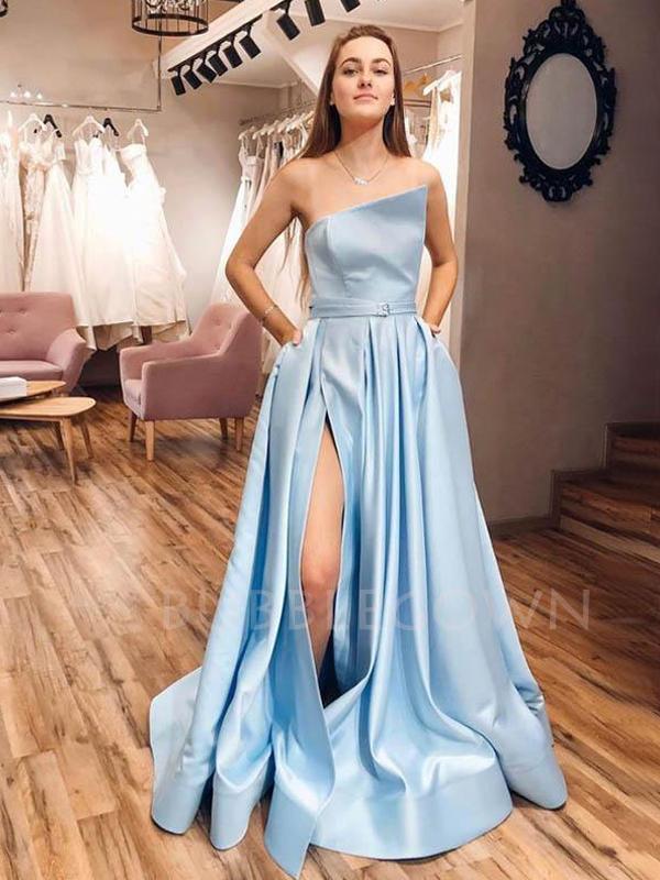Blue A-Line Backless Side Slit Sation Long Evening Prom Dresses, MR725 MarryLover Blue A-Line Backless Side Slit Sation Long Evening Prom Dresses, MR725 MarryLover
