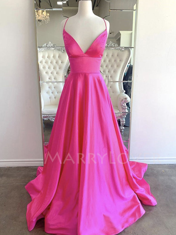 A-Line Fuchsia Satin Side Slit Deep V Neck Long Evening Prom Dresses, MarryLover A-Line Fuchsia Satin Side Slit Deep V Neck Long Evening Prom Dresses, MarryLover