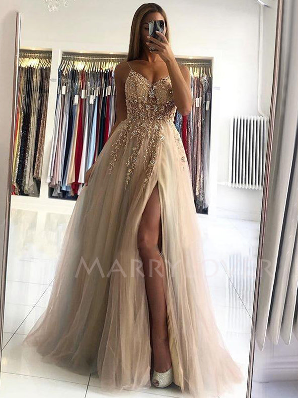 See Through V-neck Champagne Tulle A-line Long Evening Prom Dresses, M – MarryLover See Through V-neck Champagne Tulle A-line Long Evening Prom Dresses, M – MarryLover