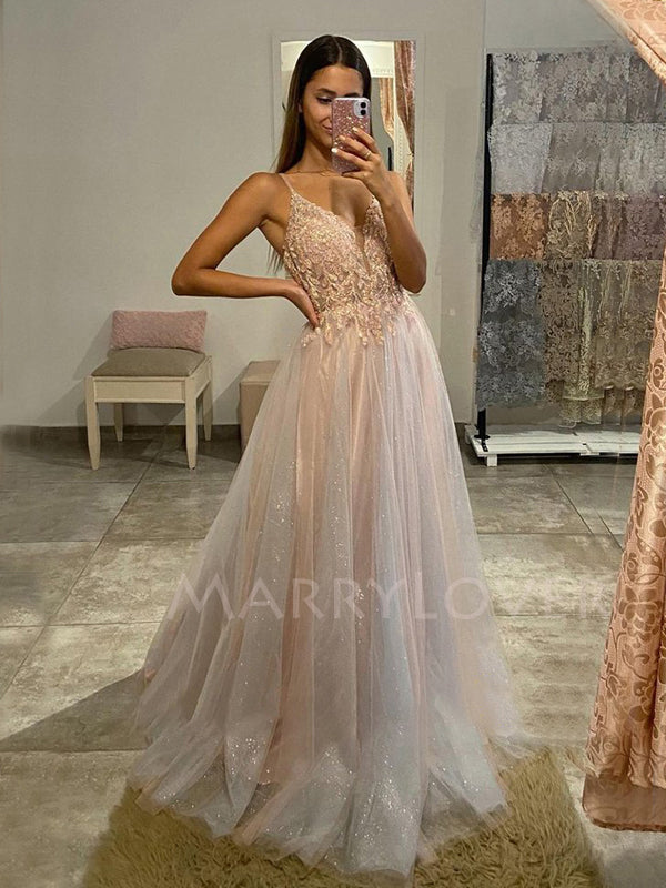 Sexy See Throuth V Neck A-line Tulle Long Evening Prom Dresses, Evenin MarryLover Sexy See Throuth V Neck A-line Tulle Long Evening Prom Dresses, Evenin MarryLover