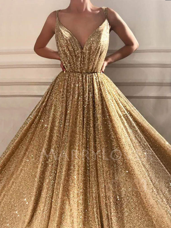 Sexy V Neck Golden Sequin A-Line Long Evening Prom Dresses, Cheap Cust MarryLover Sexy V Neck Golden Sequin A-Line Long Evening Prom Dresses, Cheap Cust MarryLover