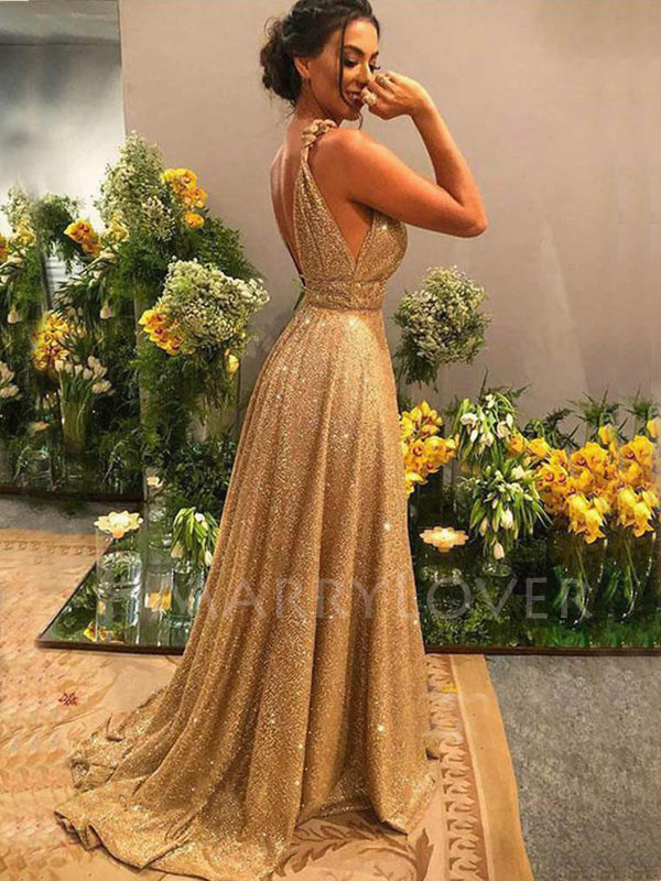 Deep V Neck Golden Sequin Backless A-Line Long Evening Prom Dresses, C MarryLover Deep V Neck Golden Sequin Backless A-Line Long Evening Prom Dresses, C MarryLover