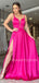 Deep V Neck Blue Satin Side Slit Long Evening Prom Dresses, Cheap Custom Backless Prom Dresses, MR7289