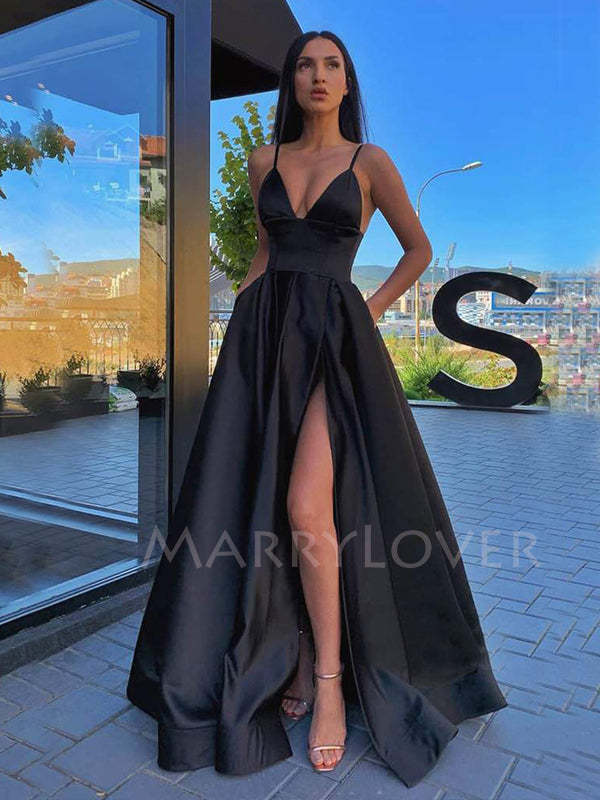 Black Satin Deep V Neck Side Slit Backless Long Evening Prom Dresses, Cheap Custom Backless Prom Dresses, MR7297 Black Satin Deep V Neck Side Slit Backless Long Evening Prom Dresses, Cheap Custom Backless Prom Dresses, MR7297
