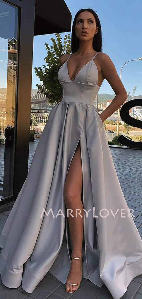 Black Satin Deep V Neck Side Slit Backless Long Evening Prom Dresses, MarryLover Black Satin Deep V Neck Side Slit Backless Long Evening Prom Dresses, MarryLover