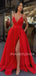 Black Satin Deep V Neck Side Slit Backless Long Evening Prom Dresses, Cheap Custom Backless Prom Dresses, MR7297