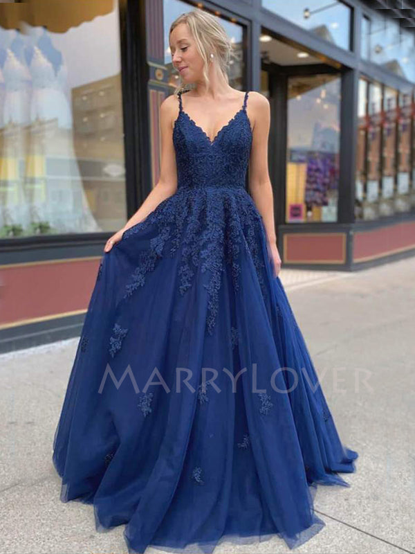 Navy Blue Lace A-line Backless Long Evening Prom Dresses, Cheap Custom MarryLover Navy Blue Lace A-line Backless Long Evening Prom Dresses, Cheap Custom MarryLover