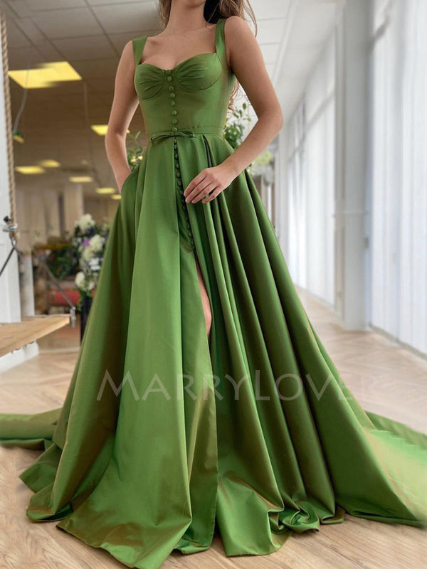 A-Line Green Satin Intermediate slit Long Evening Prom Dresses, Long C MarryLover A-Line Green Satin Intermediate slit Long Evening Prom Dresses, Long C MarryLover