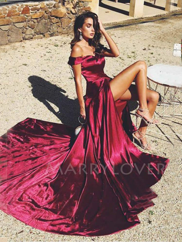 Burgundy Satin Off Shoulder A-line Long Evening Prom Dresses, Cheap Cu MarryLover Burgundy Satin Off Shoulder A-line Long Evening Prom Dresses, Cheap Cu MarryLover