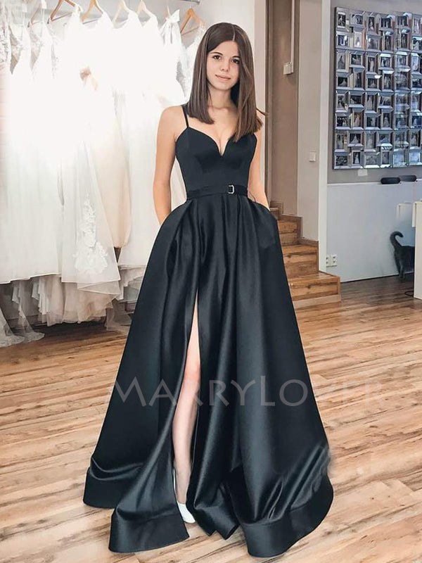 Black Satin V Neck Backless A-Line Side Slit Long Evening Prom Dresses MarryLover Black Satin V Neck Backless A-Line Side Slit Long Evening Prom Dresses MarryLover