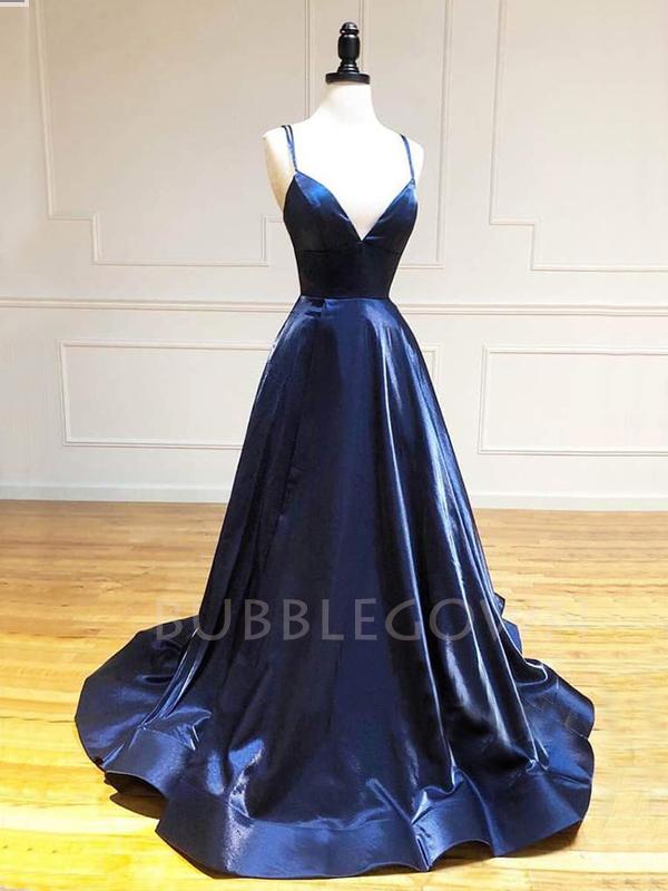 Dark Blue Satin Spaghetti Straps Side Slit Long V Neck Evening Prom Dr MarryLover Dark Blue Satin Spaghetti Straps Side Slit Long V Neck Evening Prom Dr MarryLover
