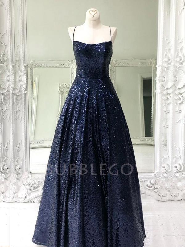 Navy Blue Sequin A-Line Spaghetti Straps Backless Long Evening Prom Dr β MarryLover