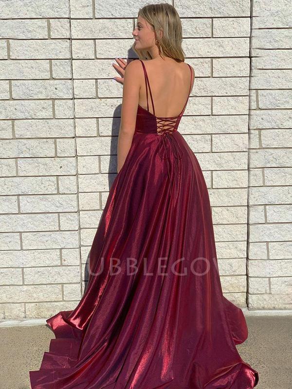 Plunging V-neck High Split Burgundy A-line Long Evening Prom Dresses, MarryLover Plunging V-neck High Split Burgundy A-line Long Evening Prom Dresses, MarryLover