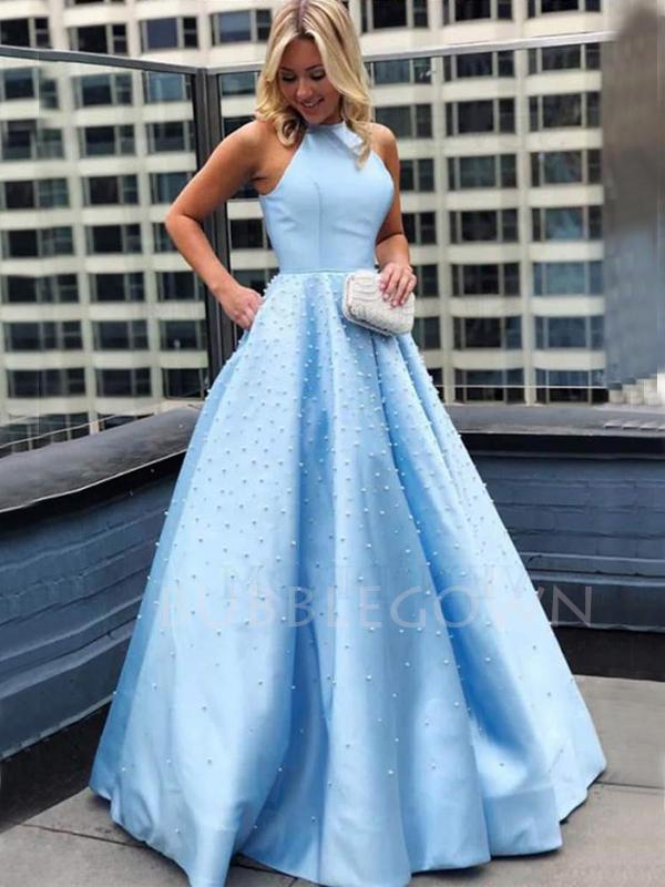 A-line Round Neckline Blue Satin Pearls Long Backless Evening Prom Dresses With Pockets, Cheap Custom prom dresses, MR7410 A-line Round Neckline Blue Satin Pearls Long Backless Evening Prom Dresses With Pockets, Cheap Custom prom dresses, MR7410