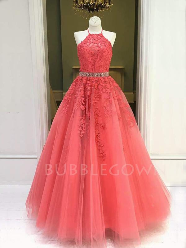 A-line Halter Watermelon Red Tulle Appliques Lace Long Evening Prom Dr MarryLover A-line Halter Watermelon Red Tulle Appliques Lace Long Evening Prom Dr MarryLover