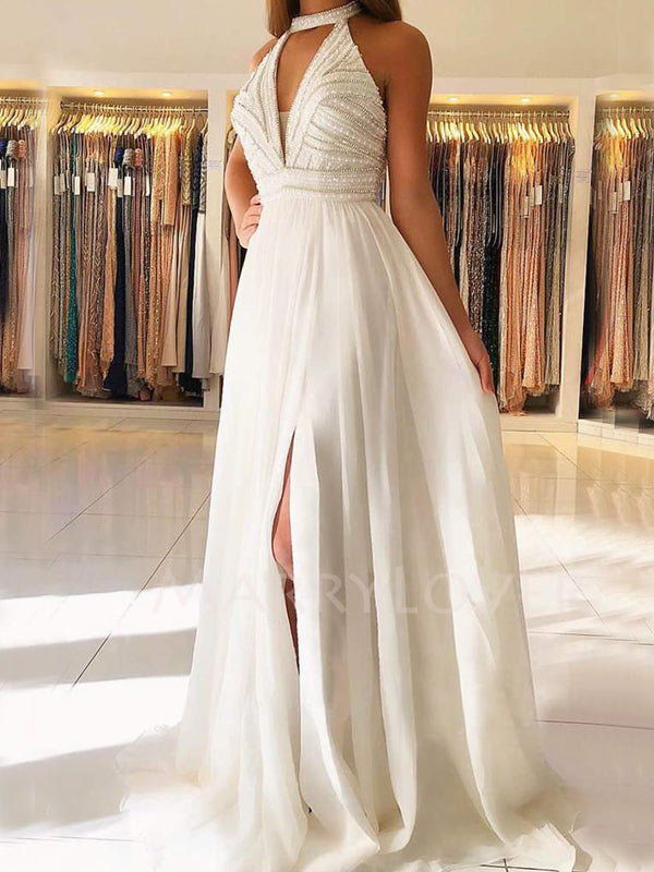 Deep V Neck White Chiffon Halter Beaded Long Evening Prom Dresses, Chi MarryLover Deep V Neck White Chiffon Halter Beaded Long Evening Prom Dresses, Chi MarryLover