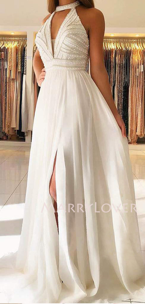 Deep V Neck White Chiffon Halter Beaded Long Evening Prom Dresses, Chiffon Beach Wedding Dresses, MR7432