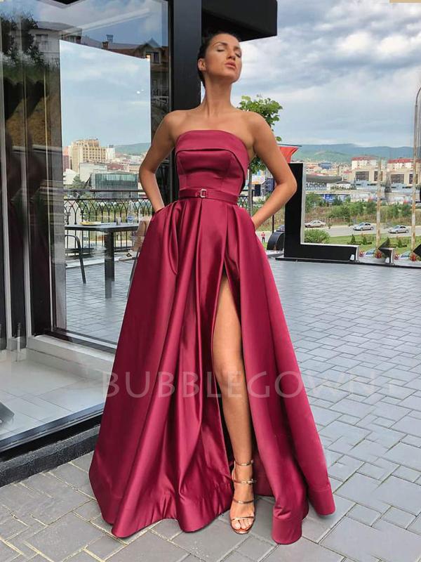 A-line Burgundy Satin Strapless Side Slit Long Evening Prom Dresses, C MarryLover A-line Burgundy Satin Strapless Side Slit Long Evening Prom Dresses, C MarryLover