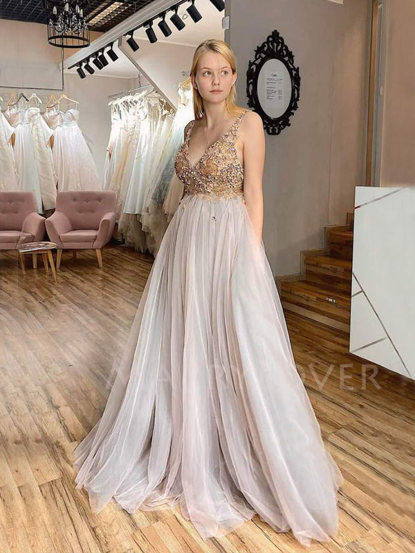 Deep V Neck A-line Tulle Beaded Long Evening Prom Dresses, Cheap Custom Prom Dress, MR7490 Deep V Neck A-line Tulle Beaded Long Evening Prom Dresses, Cheap Custom Prom Dress, MR7490