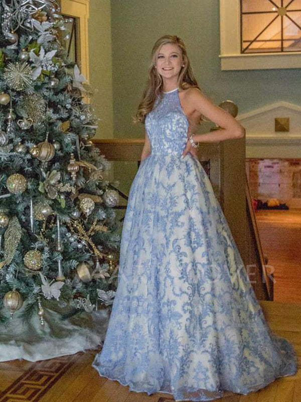 A-line Halter Blue Lace Beaded Long Evening Prom Dresses, Cheap Custom MarryLover A-line Halter Blue Lace Beaded Long Evening Prom Dresses, Cheap Custom MarryLover