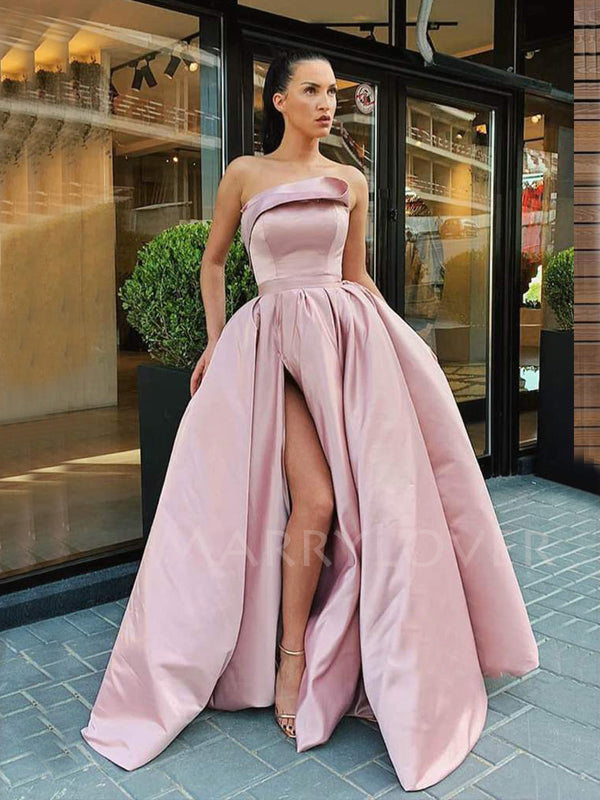 strapless aline dress Aline Satin Side Slit Long Strapless Evening Prom Dresses, Cheap Custo – MarryLover