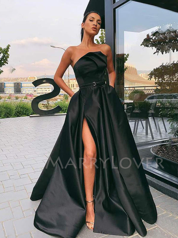 A-line Black Satin Side Slit Long Strapless Evening Prom Dresses, Chea MarryLover A-line Black Satin Side Slit Long Strapless Evening Prom Dresses, Chea MarryLover