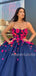 Ball Gown Navy Blue Tulle 3D Appliques Spaghetti Straps Long Evening Prom Dresses, Cheap Custom Prom Dresses, MR7522