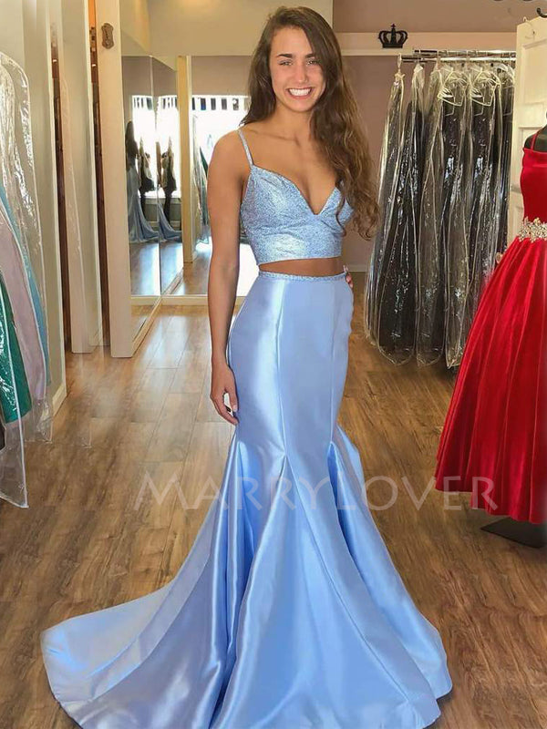 Two Pieces Blue Satin Mermaid Beaded Long Evening Prom Dresses, Cheap MarryLover Two Pieces Blue Satin Mermaid Beaded Long Evening Prom Dresses, Cheap MarryLover