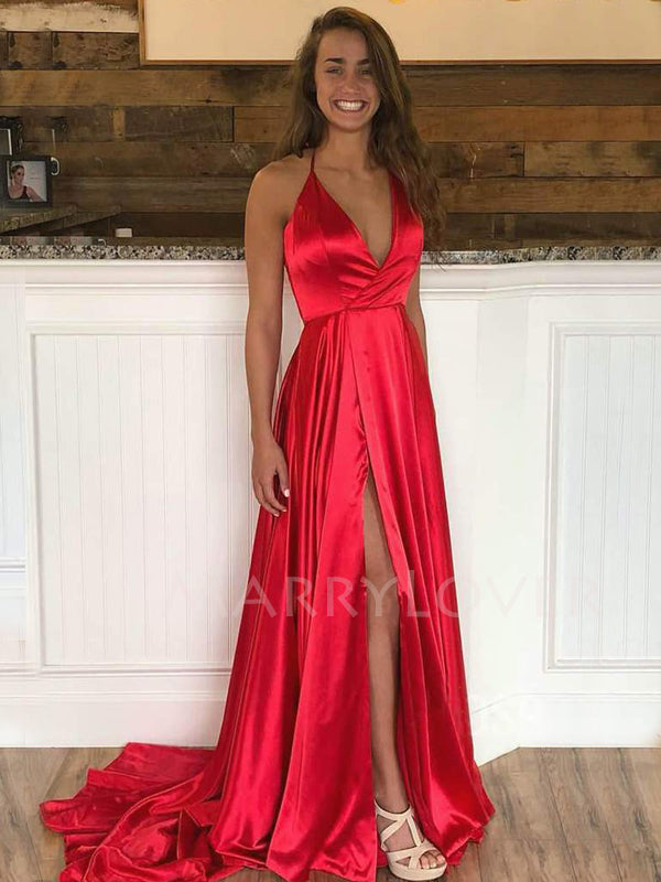 red satin spaghetti strap dress Azazie 2026 Lace Up Ruffles Column Prom Dress Red Gown