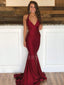 V Neck Bugundy Elastic Satin Mermaid Long Backless Evening Prom Dresses, Cheap Custom Prom Dresses, MR7536