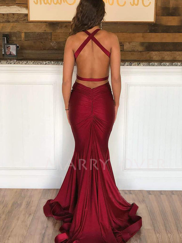 V Neck Bugundy Elastic Satin Mermaid Long Backless Evening Prom Dresses, Cheap Custom Prom Dresses, MR7536