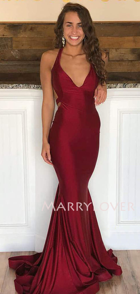 V Neck Bugundy Elastic Satin Mermaid Long Backless Evening Prom Dresses, Cheap Custom Prom Dresses, MR7536