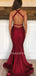 V Neck Bugundy Elastic Satin Mermaid Long Backless Evening Prom Dresses, Cheap Custom Prom Dresses, MR7536