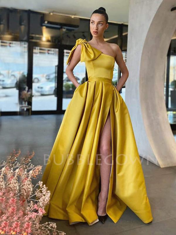 One Shoulder A-Line Yellow Satin Side Slit Long Evening Prom Dresses, MarryLover One Shoulder A-Line Yellow Satin Side Slit Long Evening Prom Dresses, MarryLover