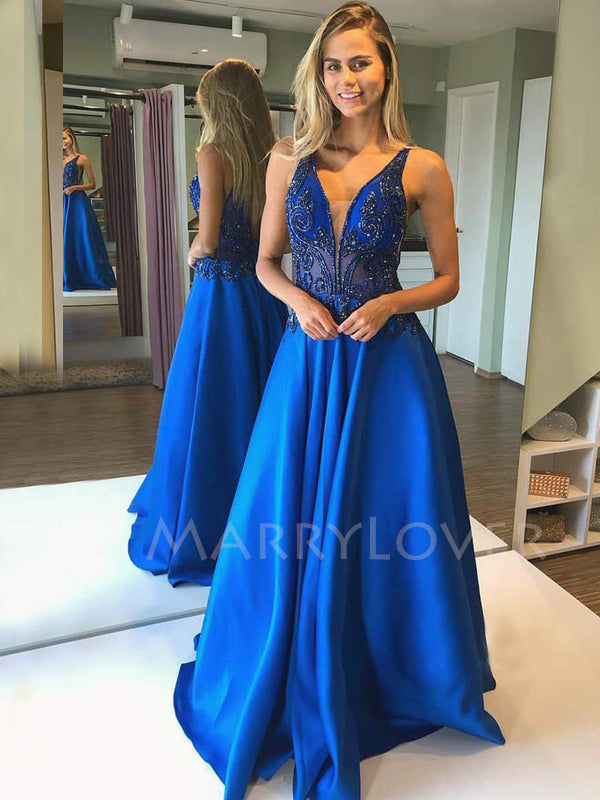 Royal Blue Satin Beaded A-line V Neck Long Backless Evening Prom Dress MarryLover Royal Blue Satin Beaded A-line V Neck Long Backless Evening Prom Dress MarryLover