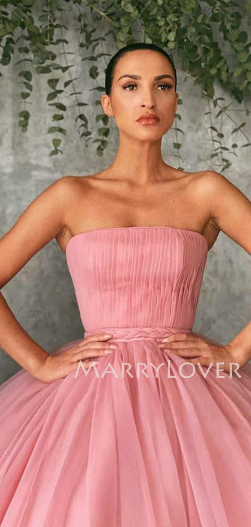Ball Gown Pink Tulle Strapless Long Evening Prom Dresses, Cheap Custom Prom Dresses, MR7549