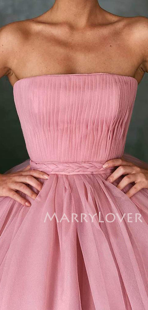 Ball Gown Pink Tulle Strapless Long Evening Prom Dresses, Cheap Custom Prom Dresses, MR7549