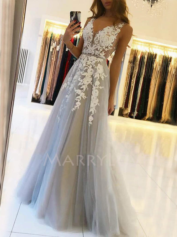 A-line V Neck Grey Tulle Appliques Lace Long Evening Prom Dresses, Che MarryLover A-line V Neck Grey Tulle Appliques Lace Long Evening Prom Dresses, Che MarryLover