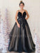 Deep V Neck A-line Spaghetti Straps Black Tulle Long Evening Prom Dresses, Cheap Custom Prom Dresses, MR7557