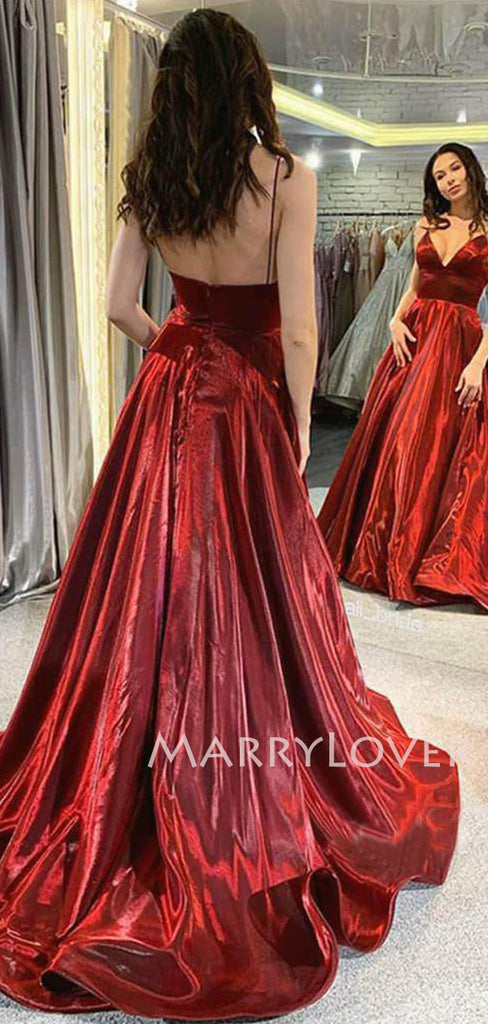 Burgundy Satin A-line Spaghetti Straps V Neck Simple Long Evening Prom Dresses, Cheap Custom prom dresses, MR7562