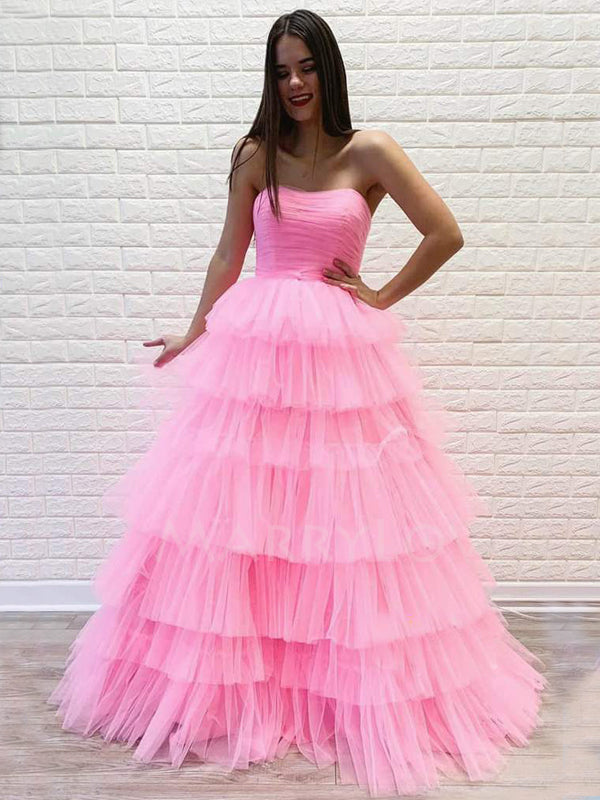Alianna |A-Line Spaghetti Straps Tiered Tulle Prom Dress, Pink / 4