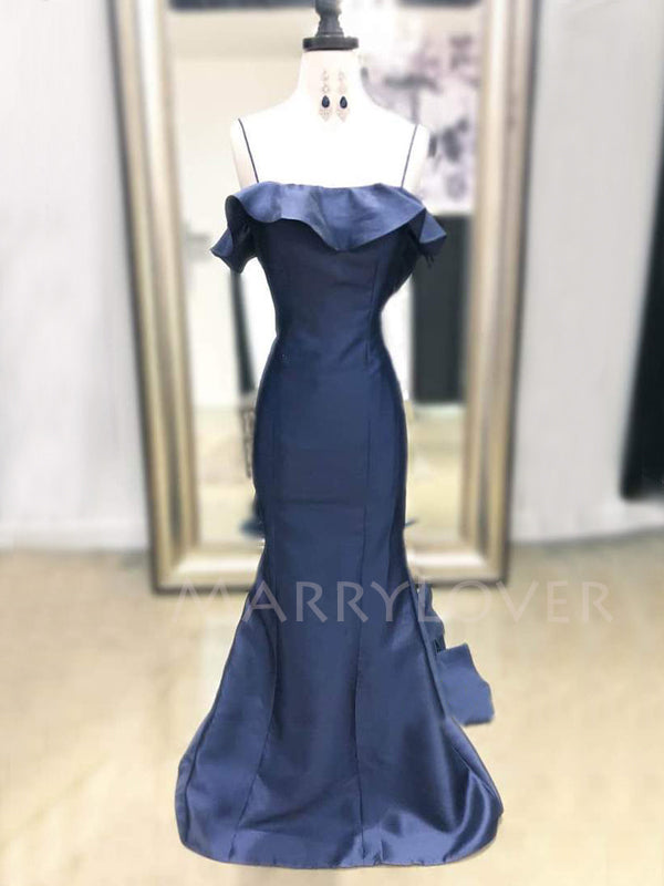 Mermaid Navy Blue Satin Spaghetti Straps Long Backless Evening Prom Dr MarryLover Mermaid Navy Blue Satin Spaghetti Straps Long Backless Evening Prom Dr MarryLover