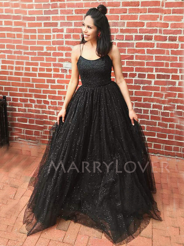 A-line Black Tulle Sparkly Long Evening Prom Dresses, Cheap Custom Pro MarryLover A-line Black Tulle Sparkly Long Evening Prom Dresses, Cheap Custom Pro MarryLover