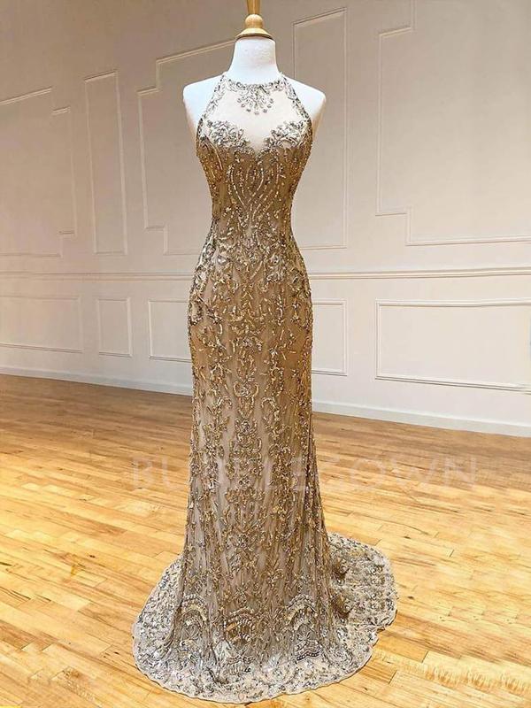 Sheath/Column Gold Beaded Halter Long Evening Prom Dresses, MR7582 MarryLover Sheath/Column Gold Beaded Halter Long Evening Prom Dresses, MR7582 MarryLover