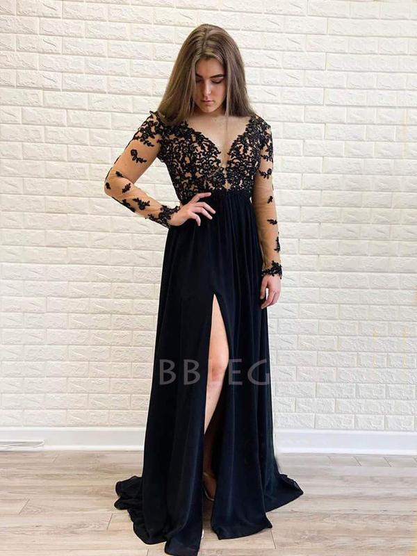 Long Sleeves Appliques Black Chiffon Long Evening Prom Dresses, Cheap MarryLover Long Sleeves Appliques Black Chiffon Long Evening Prom Dresses, Cheap MarryLover