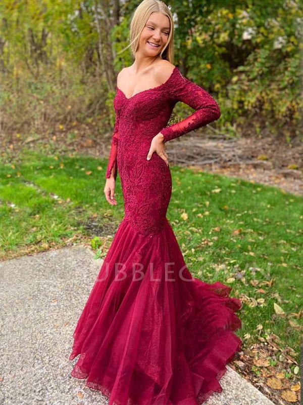 Off Shoulder Long Sleeves Burgundy Tulle Appliques Mermaid Lace Long E MarryLover Off Shoulder Long Sleeves Burgundy Tulle Appliques Mermaid Lace Long E MarryLover