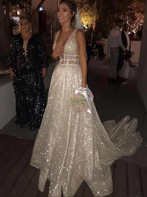 see line dresses Bling A Line See-through Long Sleeves Wedding Dress, PW280