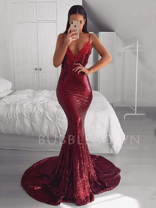 Deep V-neck Burgundy Sequin Mermaid Long Evening Prom Dresses, MR7617 Deep V-neck Burgundy Sequin Mermaid Long Evening Prom Dresses, MR7617