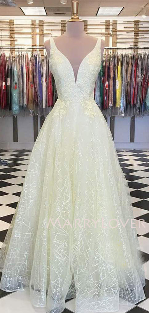 A-line Attractive V-neck Yellow Tulle Appliques Sparkle Long Evening Prom Dresses, Cheap Custom Prom Dress, MR7634